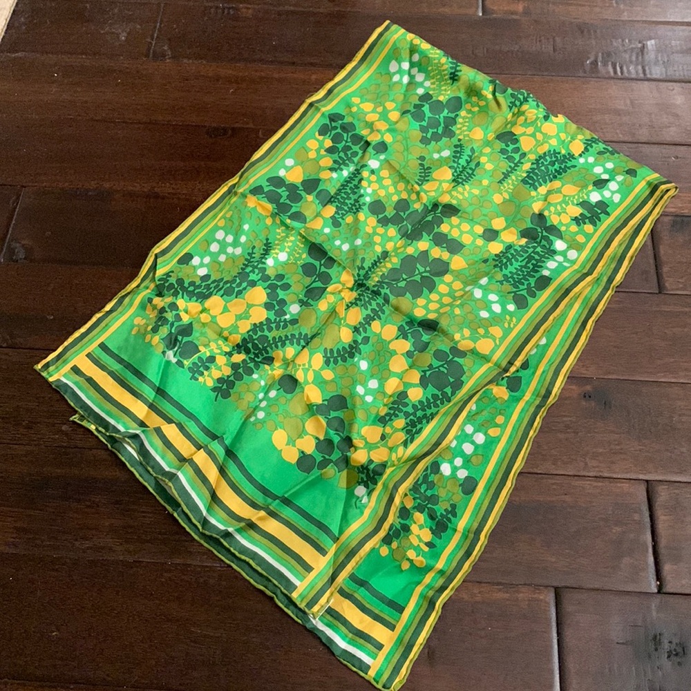 Vintage hand rolled silk scarf in green and yellow and white made in Japan 🇯🇵